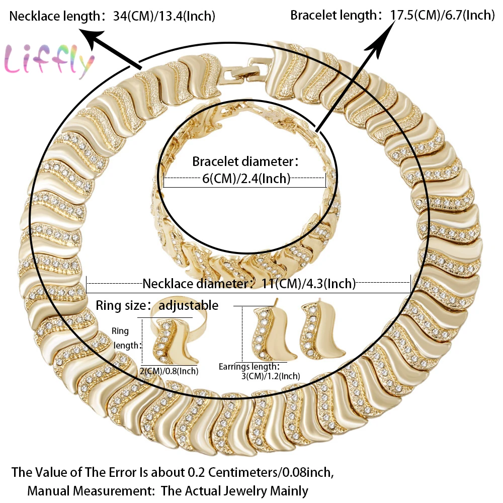Liffly для женщин Дубай золотые ювелирные наборы Модное ожерелье браслет кольцо серьги Африканский для подружки невесты на свадьбе комплект ювелирных изделий