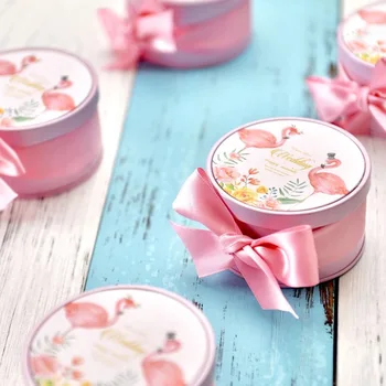 

Free Shipping 100 pcs lot wedding favors and gifts pink blue tins boxes Baby shower party candy chocolate box with bowknot