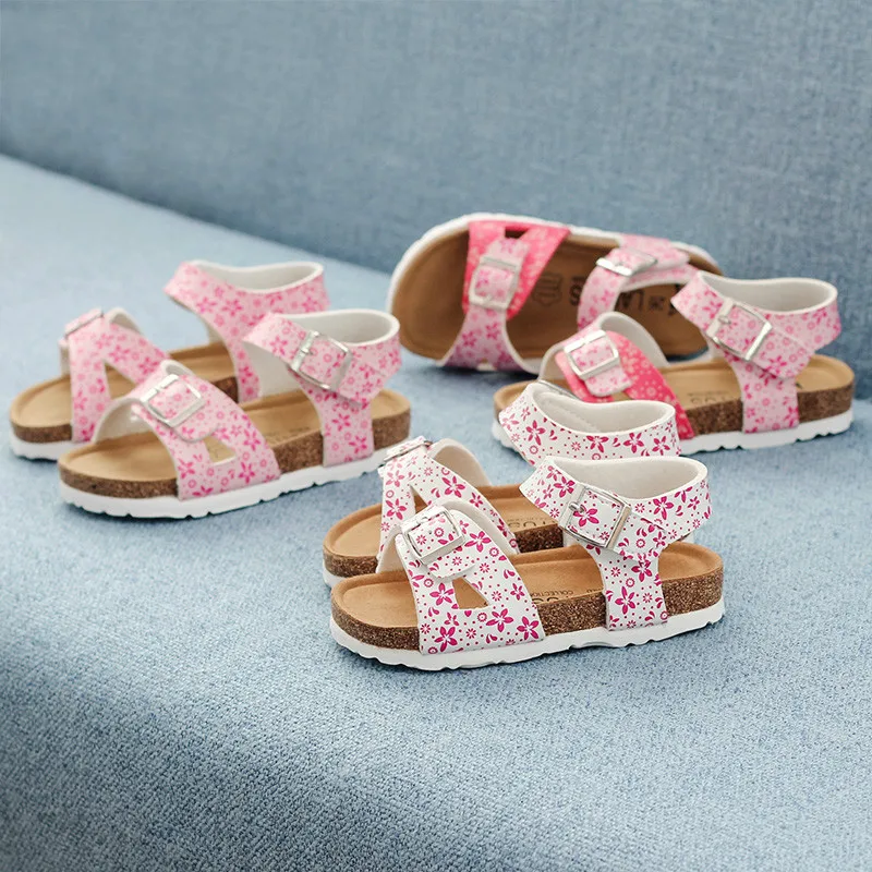 Новые сандалии для девочек; детские сандалии с открытым носком и цветочным узором; милая обувь принцессы; летние модельные туфли с пряжкой; детские сандалии; Sandalias; 24-34