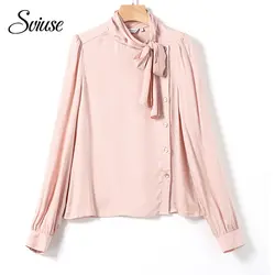 Женские офисные элегантные розовая рубашка блузка осень-зима женский хлопок лук на шнуровке Кнопка Блузка Для женщин Винтаж модные Лидеры