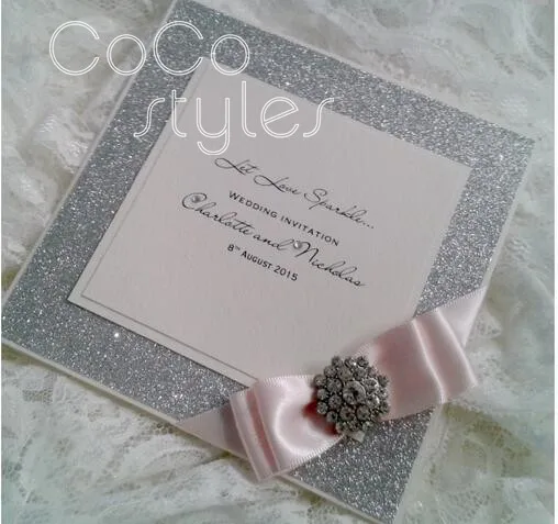  Cocostyles customized elegant glitter invitation card with brooch and ribbon for fantasy wedding in - 32890337548