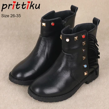 

2020 Girls Genuine Leather Rhinestone Studded Fashion Boots Toddler/Little/Big Kid Ankle Booties Children Fringe Shoes