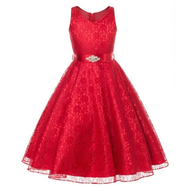 New Style Flower Girls Dresses Kids Lace Dresses with Rhinestone Sash Children Party Wedding Bridesmaid Clothing