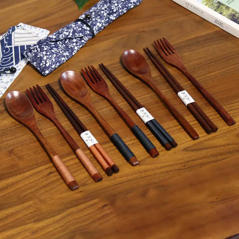 Японский винтажный портативный проволочный завернутый деревянный палочки для еды Ложка Вилка посуда 3 шт. набор подарок синий мешок