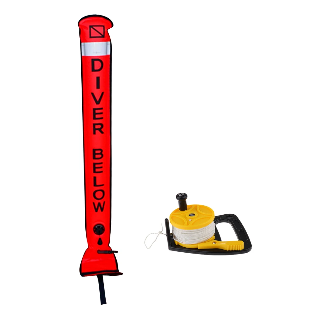 Scuba Diving Reflective SMB Surface Marker Buoy Safety Sausage Signal Tube + Dive Wreck Reel 46m Line, Thumb Stopper