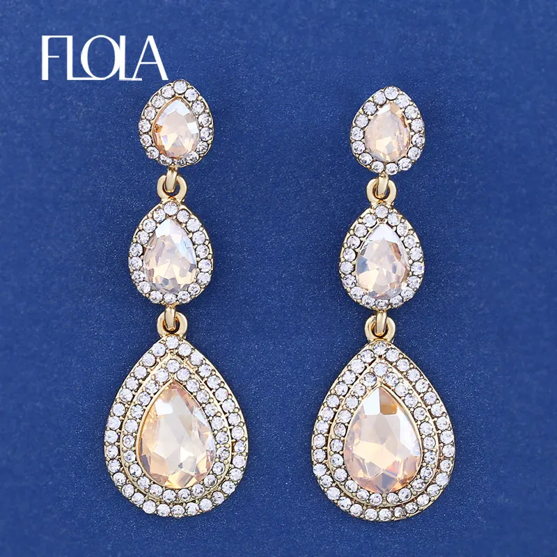 

FLOLA Brand Fashion Crystal Long Gold Earrings Tear Drops Big Gold Dangle Earrings for Women Bijoux Bridal Wedding ersh21