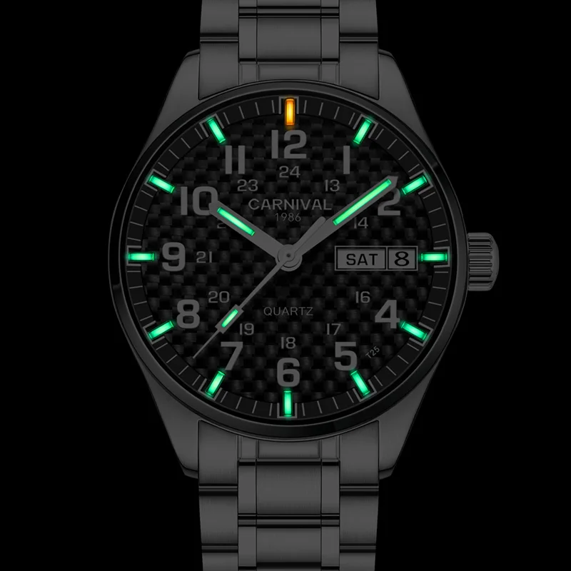 

Carnival Tritium Gas Luminous Quartz Watch Men Double Calendar Date Waterproof Military Waterproof Clock Full Stainless Steel