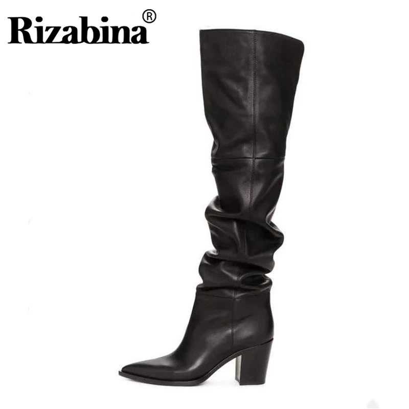 Baratos Rizzina tamaño 36 43 botas de cuero Real sobre la rodilla marca de moda Sexy zapatos de tacón alto de Invierno para mujer calzado de fiesta callejero