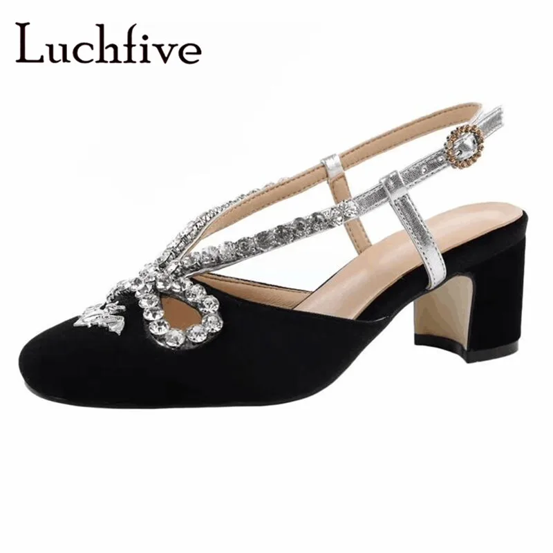 

Velvet Hollow Crystal Bowtie Sandals Woman Bat Square Toe Buckle Strap Party Shoes Royal Blue Square Heels Sandals Mujer