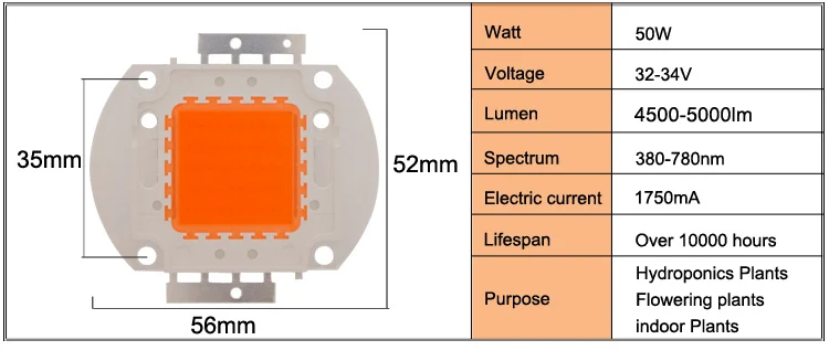 Светодиодный чип 10 Вт, 20 Вт, 30 Вт, 50 Вт, полный спектр, 380 нм~ 780 нм, высокая мощность, яркий светильник, 9-34 в, нужен драйвер, лучше для роста растений
