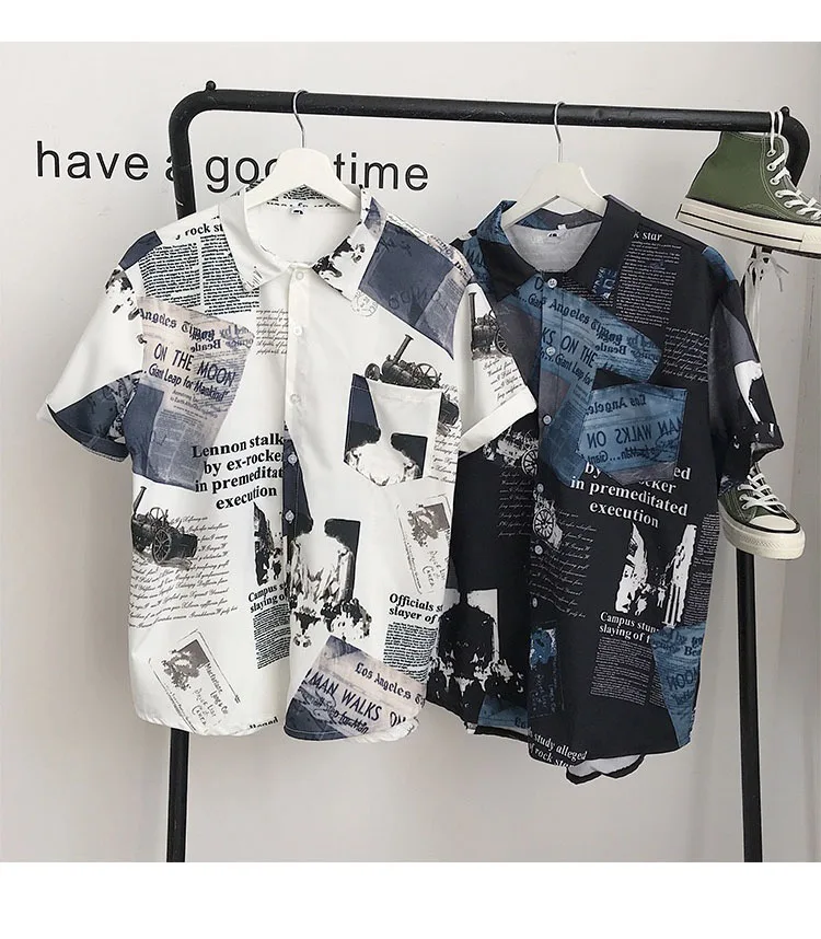 Летняя модная мужская уличная одежда с газетным принтом, рубашки в стиле хип-хоп, рубашки с коротким рукавом, винтажные хлопковые черные рубашки на пуговицах, 5XL