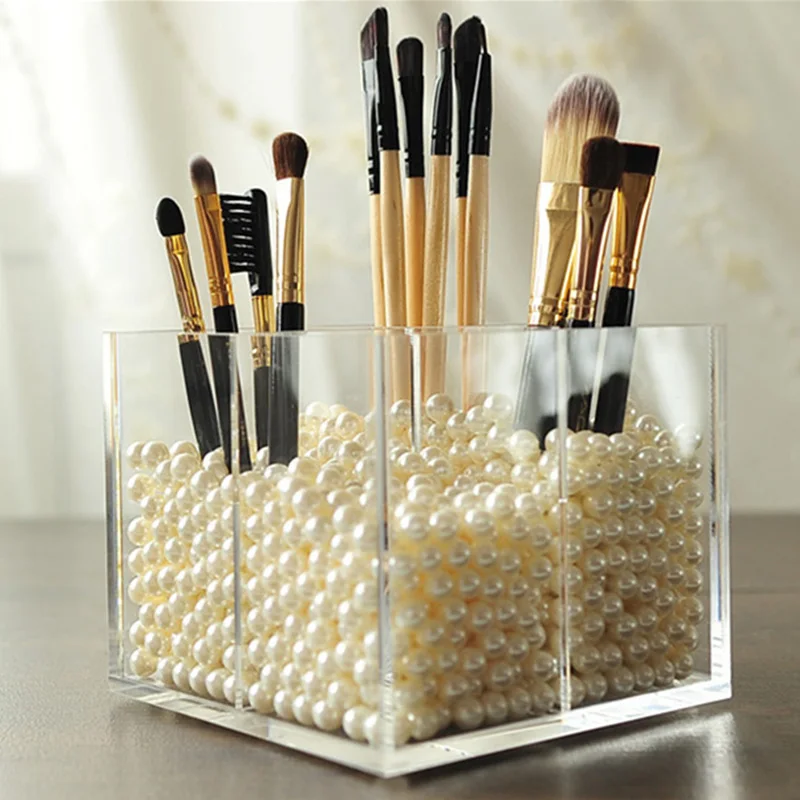 

New clear Transparent Acrylic Makeup Organizer Storage Box Multipurpose makeup brush storage box with Pink pearl