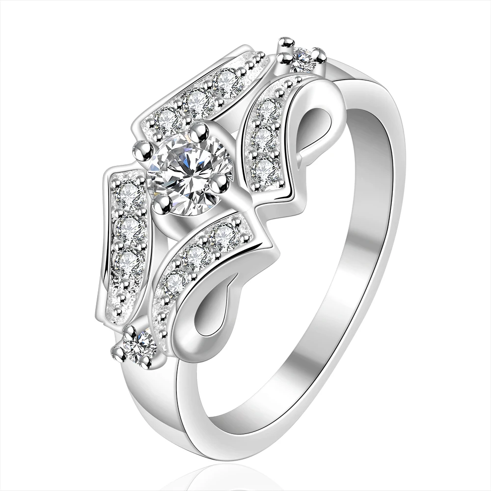 

R146 Top Silver Plated 925 rings wide flower with white stone crystal ring fashion jewelry for women wedding vintage anel bague