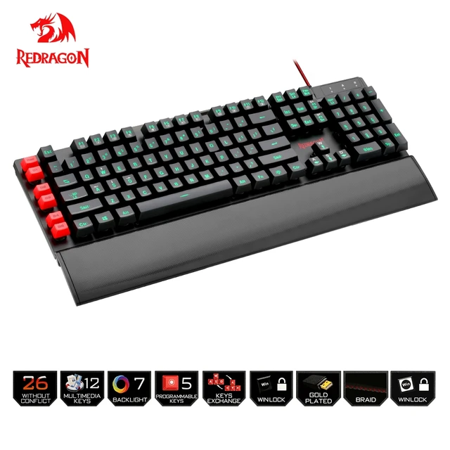 Best Offers Redragon USB gaming Membrane keyboard ergonomic 7 color LED backlit keys Full key anti-ghosting 104 wired Computer gamer PC