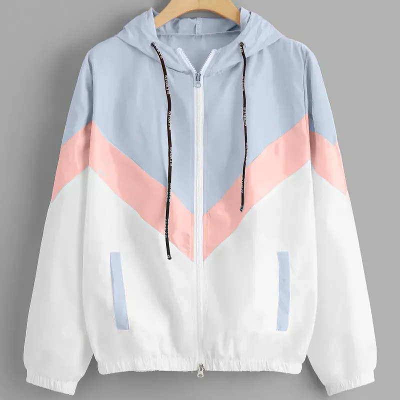 Women's Color Block Windbreaker Jacket, Multicolor Patchwork Hooded Coat, Harajuku Style Basic Jackets for Women image 3