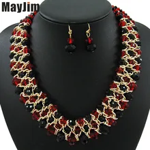 Новинка, модный, индийский, свадебный набор ювелирных изделий ручной вязки с кристаллами, золотая цепочка из бисера, ожерелье, серьги, женские свадебные ювелирные изделия