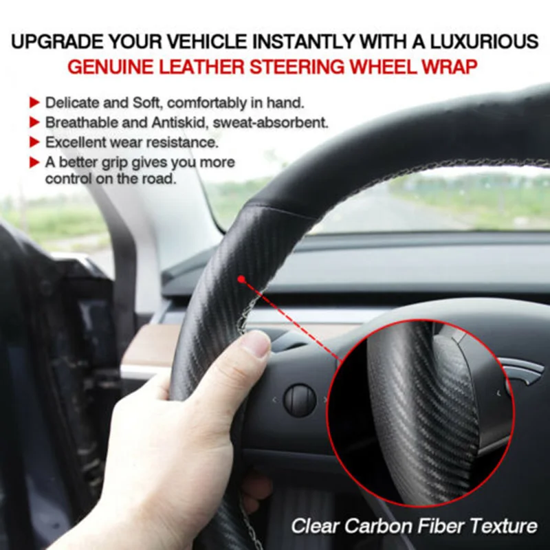 

1pair Steering Wheel Cover For Tesla Model 3 DIY Hand-stitch Carbon Fiber + Leather Improving Security