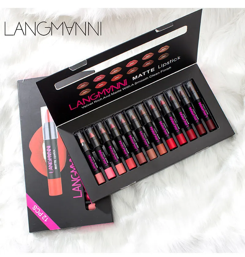 

LANGMANNI NEW 12pcs/SET matte lipstick Waterproof Velvet batom Long-lasting Easy to Wear lip stick lip kit Cosmetic makeup kit