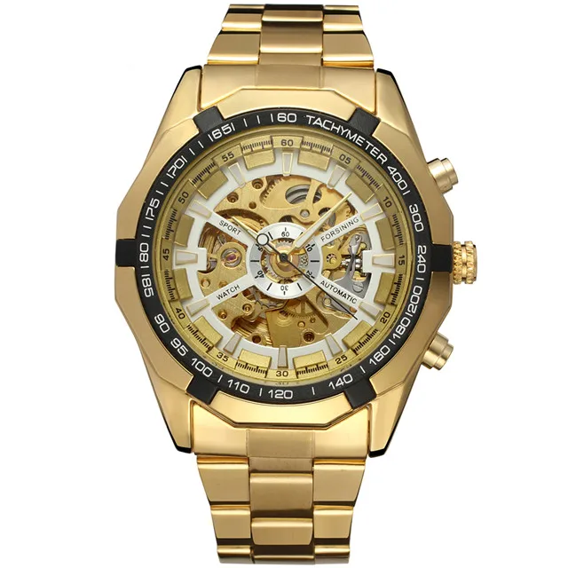 Автоматические механические мужские часы в стиле стимпанк с черепом, черный ремешок из нержавеющей стали, скелет, циферблат, модный крутой дизайн, наручные часы 486 - Цвет: Gold-2