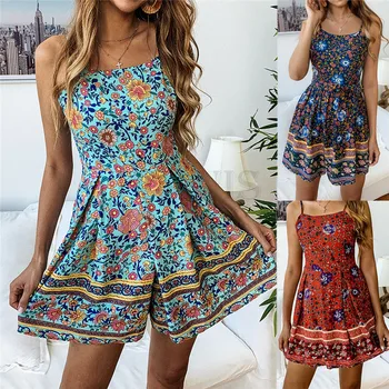 

Summer Fashion Women BOHO Chic Floral Beach Playsuit Strappy Retro Jumpsuit Romper Wide Leg Trousers Short Pants W3