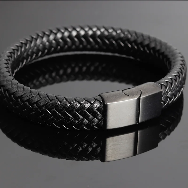 Men Bracelet Genuine Leather Stainless Steel Bangle Male Accessory Chain Rope
