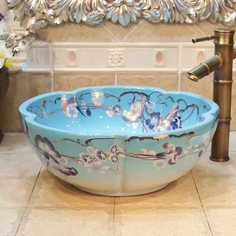 Petunia pattern Chinese flower shape Ceramic Bathroom Sink Countertop Wash Basin art  (2)