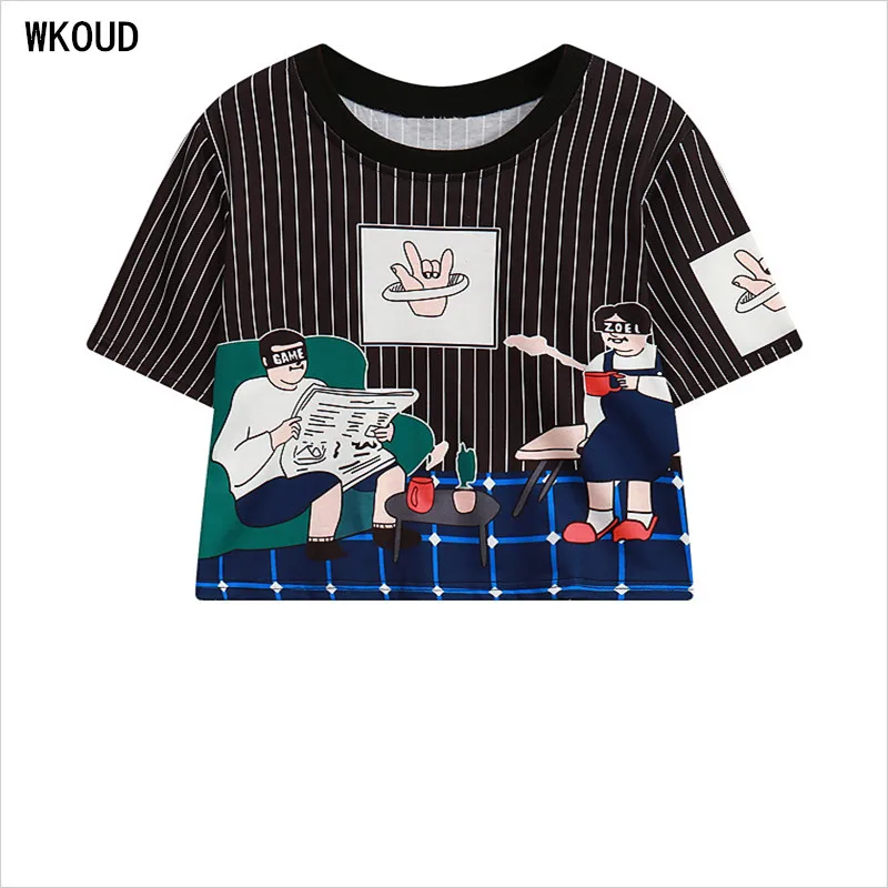 

WKOUD Women's Striped Printed T-shirts Fashion Harajuku Character T Shirts Casual Loose Crop Tops O-neck Cat Tees T3375