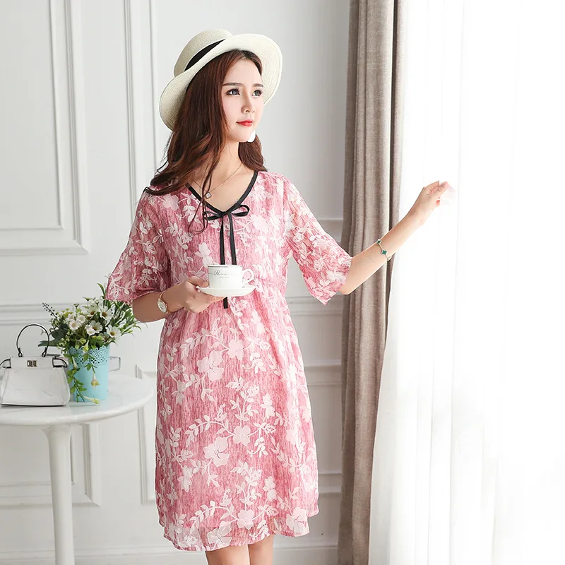 Floral Printed Chiffon Maternity Nursing Dress Summer Boho Beach Long Breastfeeding Dress Clothes for Pregnant Women