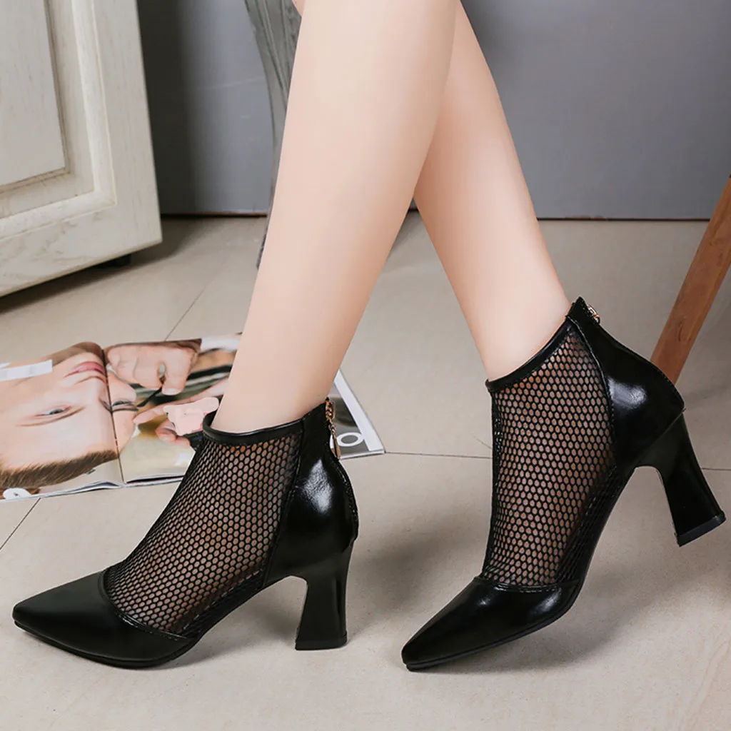 

Women's sandal 2019 Fashion Lady Mesh Shoes Pointed Toe Square Heel Sandals Transparent PU Leather Footwear Elegent Zipper Pumps
