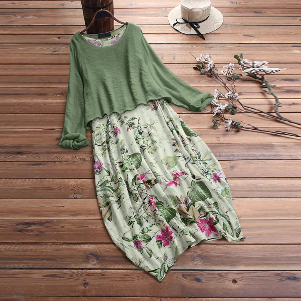 

Women's Dress Ladies Beach Summer Long Sleeves Tops Fashion Round Collar Suit Printed Casual