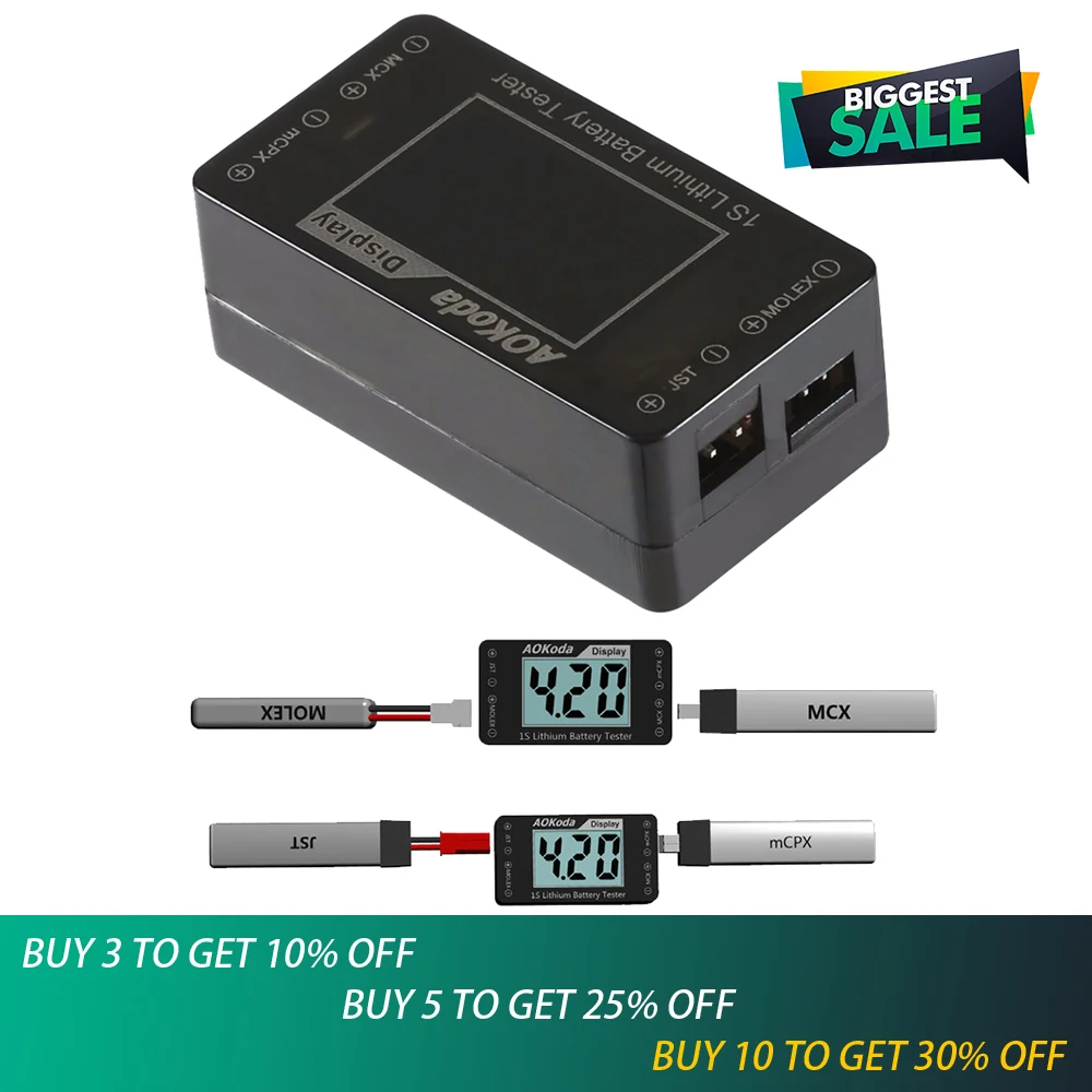 

1pcs AOKoda AOK-041 1S Lithium Battery Tester Indicator for Checker For JST MOLEX mCPX MCX Plug Connector Battery Voltage