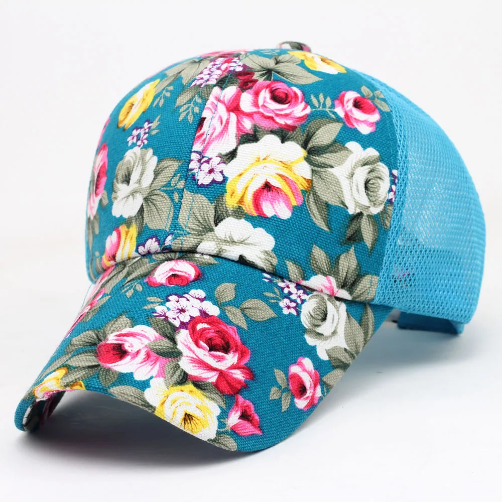 Sparsil Осень Женская Корейская бейсболка сетчатая бейсболка дышащая шляпа цветочный принт хип хоп Защита от Солнца Гольф шляпа девушка - Цвет: Sky blue