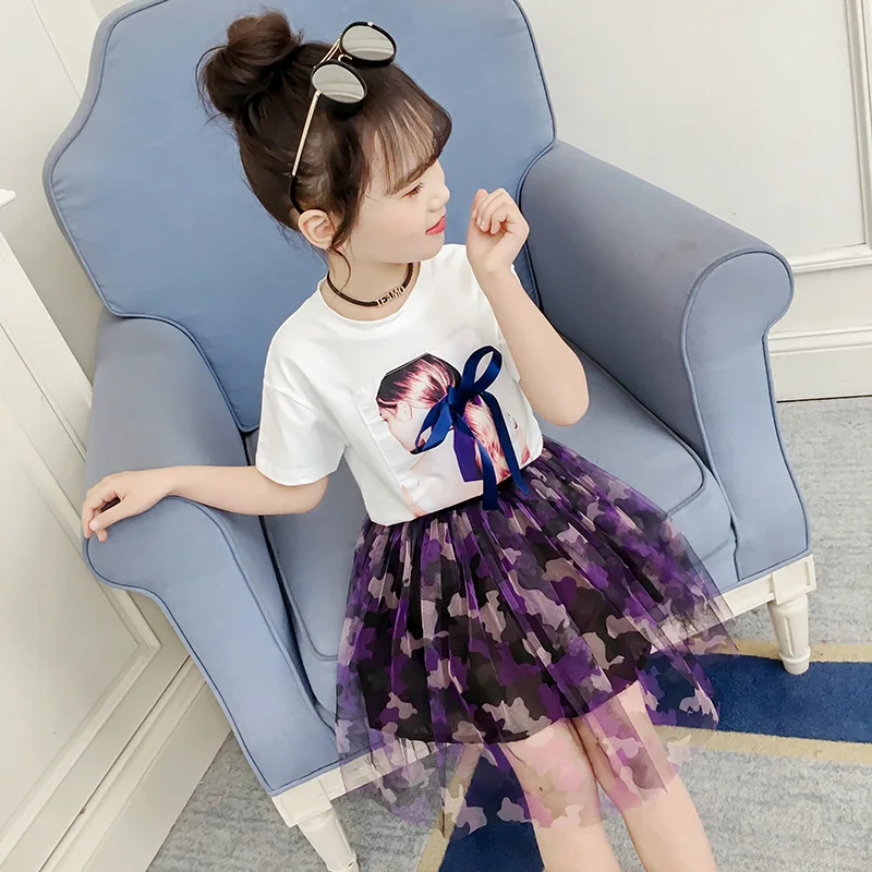 

Summer Kids Baby Girl Cartoon T-shirt + Print Skirt 2PCS Outfits Children Clothing Set Teenage Girls Princess Party Clothes