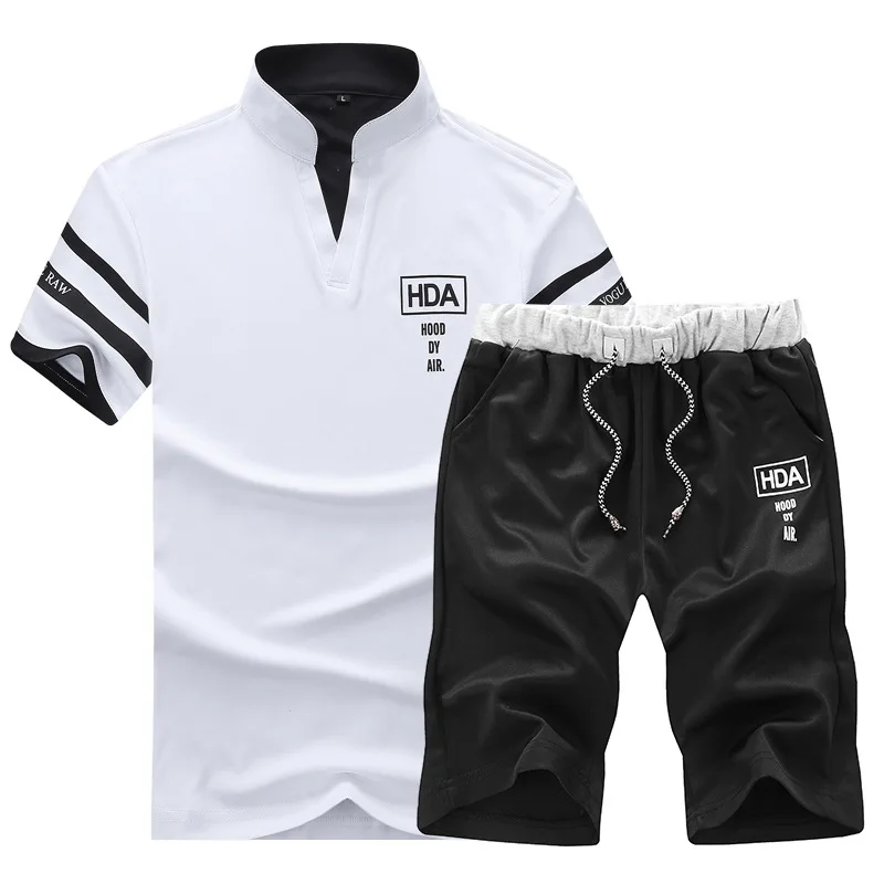 Лето из двух частей SportSuits Для мужчин Повседневное спортивный костюм футболка+ шорты дышащие спортивные костюмы Спортивная джоггеры спортивный костюм мужской - Цвет: White black EM103