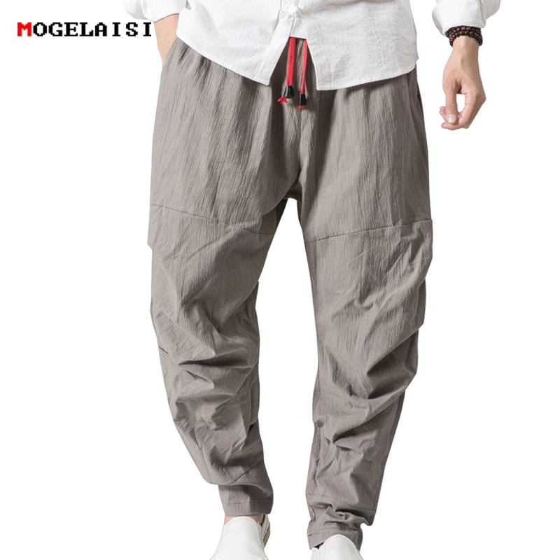 Марка белья Для мужчин брюки талии диапазон 68-104 см белье хлопок Для мужчин плиссированные брюки льняные полной длины однотонные штаны