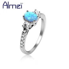 Almei 40%Off Wedding Pure Sterling Rings For Women Blue Fire Zirconia And Opal Ring Silver 925 Jewelry Bijoux With Box JZ104