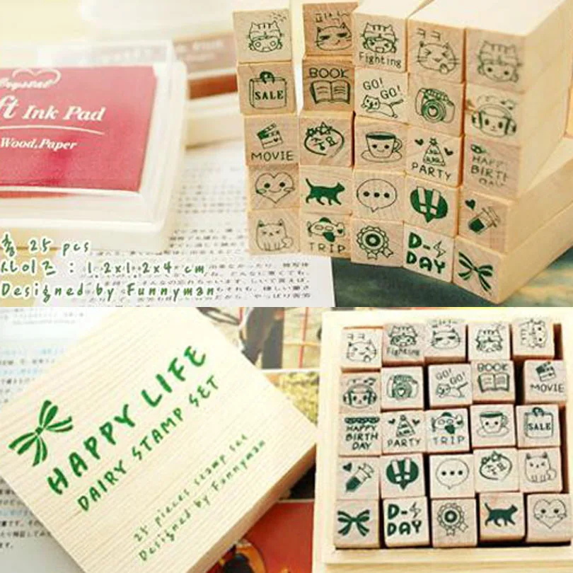 

25pcs/lot New Happy lift green wooden Love diary stamp set/scrapbook DIY stamp/Gift Box HG025