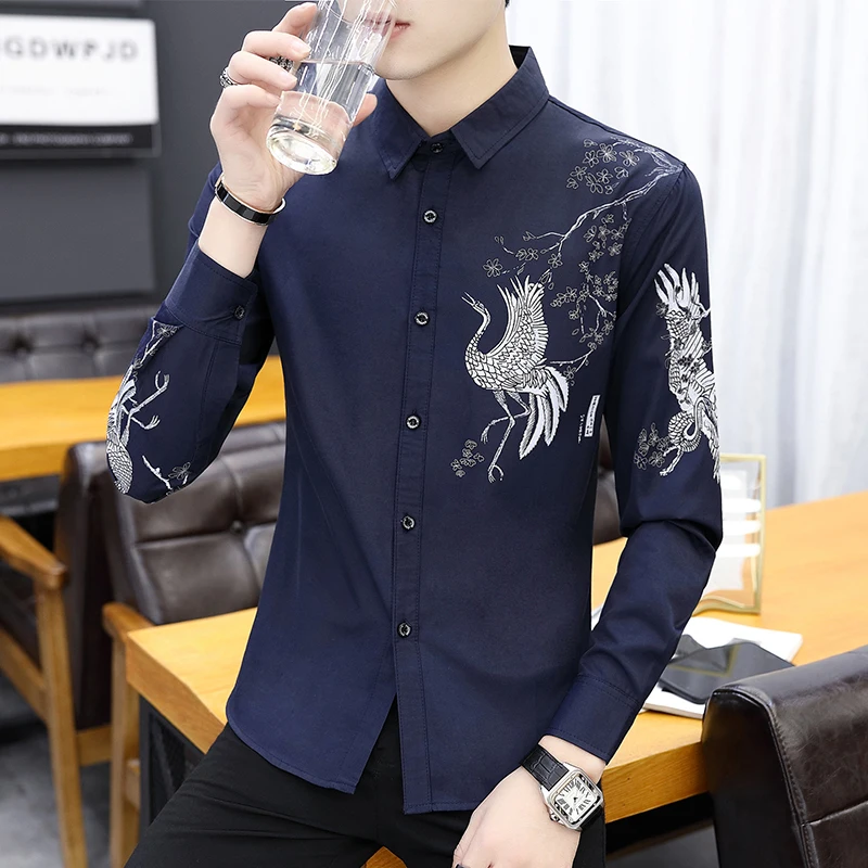 2019 Новая модная мужская рубашка с принтом Chemise Homme клетчатая приталенная длинным