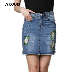 Wkoud Для женщин Вышивка джинсовая юбка 2018 Мода Новый Burr Юбки для женщин повседневные джинсы новый мини-линии Разделение Шорты-юбки p8243