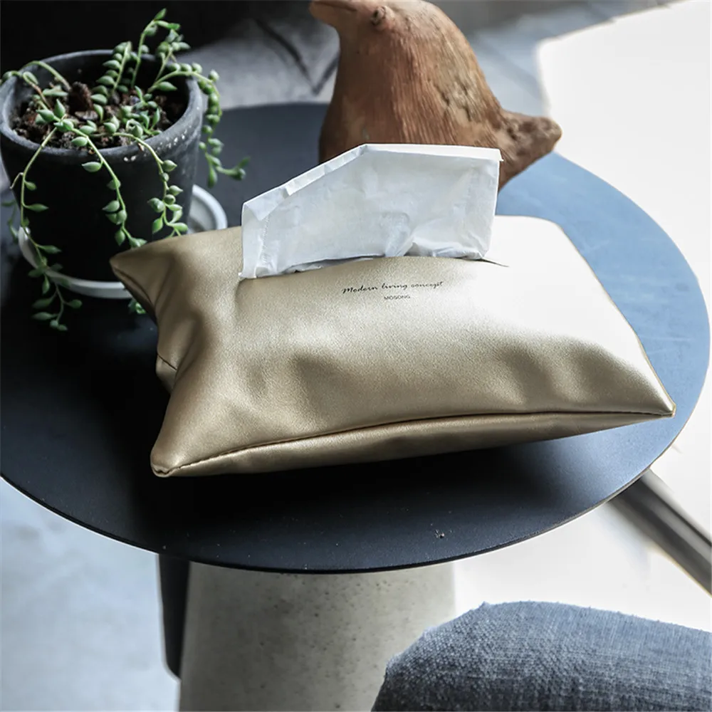 

Scandinavian Bedside Car Tissue Bag Case Paper Towel Soft PU Storage Box Luxury Gold Organizer Pouch Tote Simple Home Decor