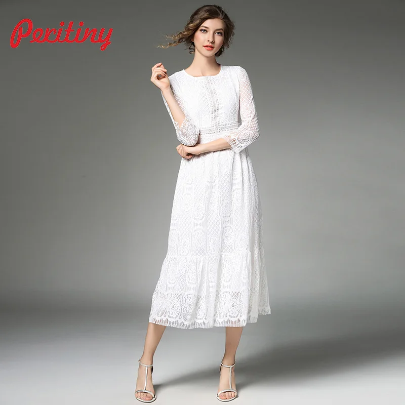 Peritiny белое кружевное платье для женщин весна лето осень платье повседневное одноцветное ropa mujer элегантные миди платья для вечеринок женская одежда - Цвет: Белый