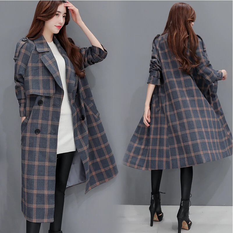 À Boutonnage Nouvelle Chandail Femelle ardoisé Automne coréen Dans Marée vent Mme Section 2017 Manteau Revers De Carreaux Longue Coupe Marron Cardigan La Double wI0pqT5T