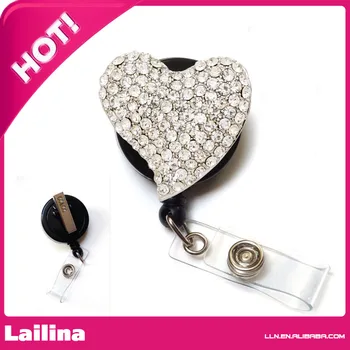 

Enamel Heart Shape for Valentine's Day Rhinestone Retractable Black ID Badge Holder