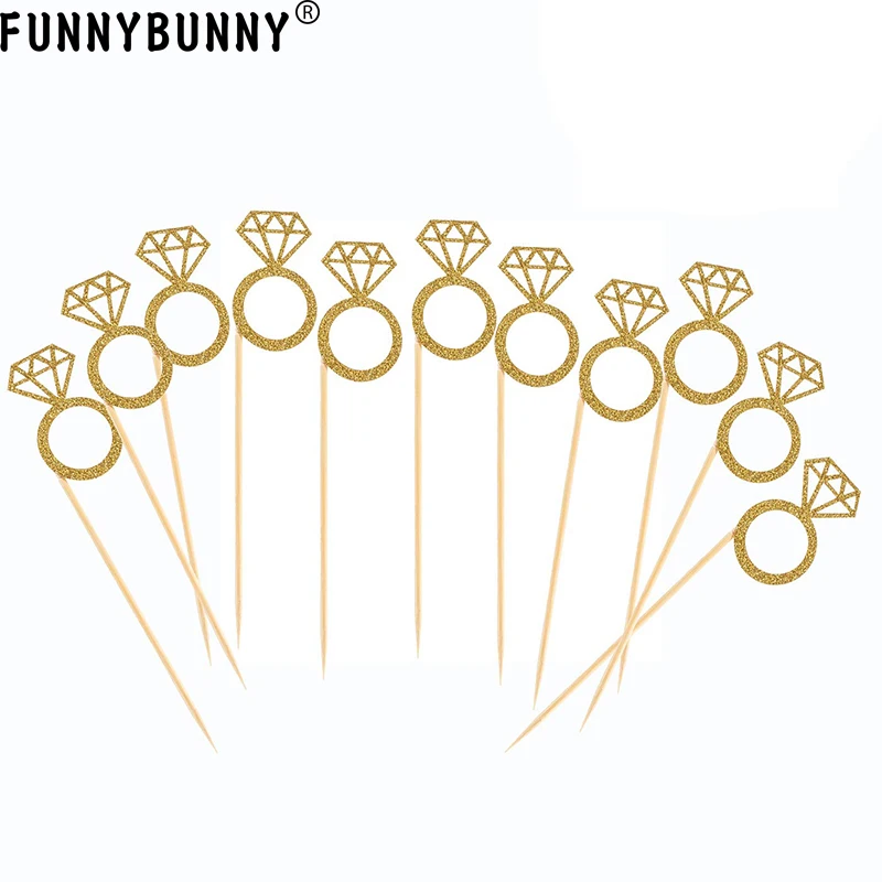 

FUNNYBUNNY Gold Glitter Mini Diamond Ring Cakes Toppers for Marriage Engagement Anniversary Birthday Valentines Party Cake Decor