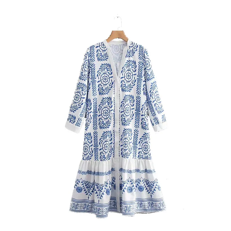 

QZ874 Fashion V Neck Long Sleeve Ethnic Blue and White Porcelain Print Pleated Long Dress Summer Beach Vestidos