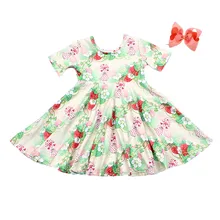 Новое поступление для маленьких девочек Twirl Dress Strawbery гриба для девочек одежда с рисунком дети зеленый красный вертеть вечерние платье бантик