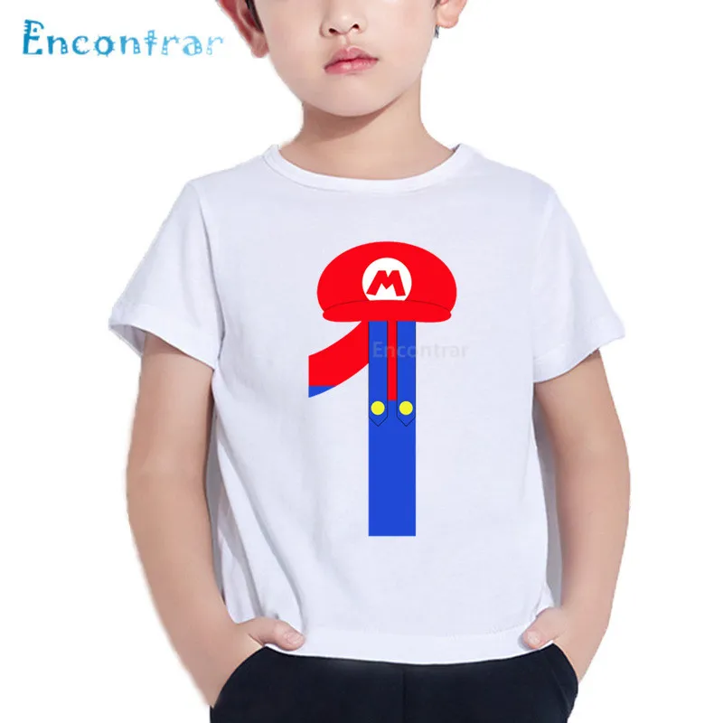 С днем рождения с рисунком Супер Марио 1-9 Письмо печати Дети футболка детские смешные футболки для мальчиков/девочек на день рождения номер одежда HKP5233 - Цвет: white-J