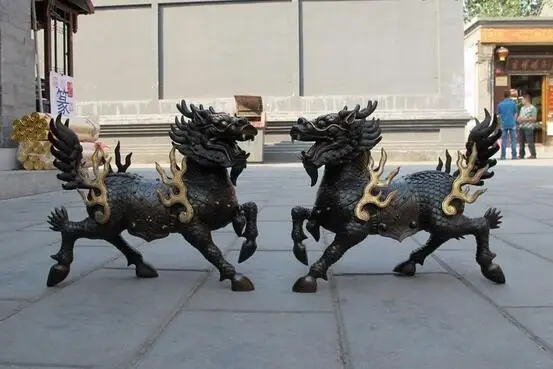 

free China Pure Bronze Foo Dog Dragon Lion Fire kylin Lucky statue Pair fast
