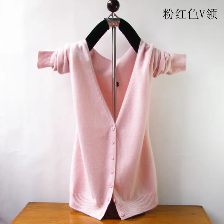 Женский кашемировый кардиган с О-образным вырезом вязаная рубашка тонкая Корейская версия большого размера короткий свитер женское платье - Цвет: Pink         Vk