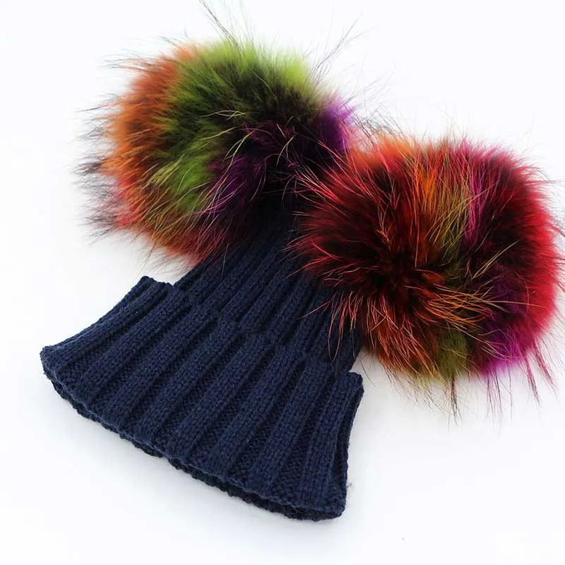 GZHilovingL INS/вязаные шапки для мальчиков и девочек на осень и зиму, разноцветные меховые шапки для детей, Мягкие акриловые меховые шапки с помпонами - Цвет: navy blue